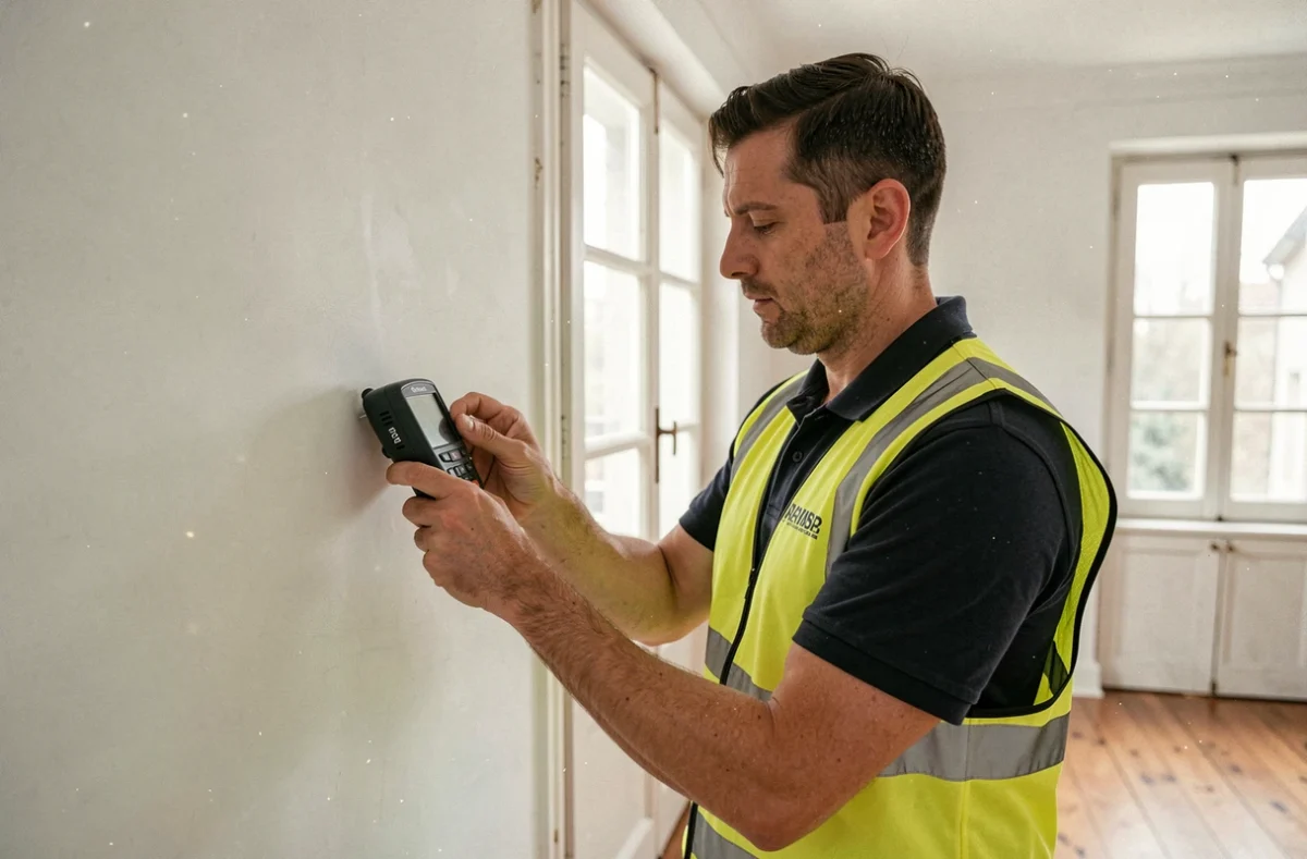 Technicien de 1 2 3 Diagnostics Immobiliers réalisant une mesure dans un appartement résidentiel