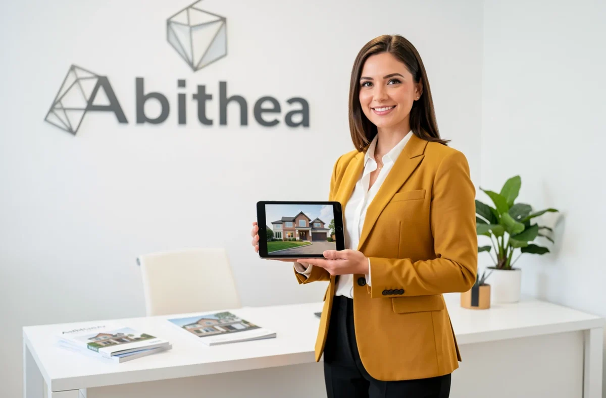 Conseillère Abithea présentant une visite virtuelle sur tablette dans une agence moderne et épurée en Charente