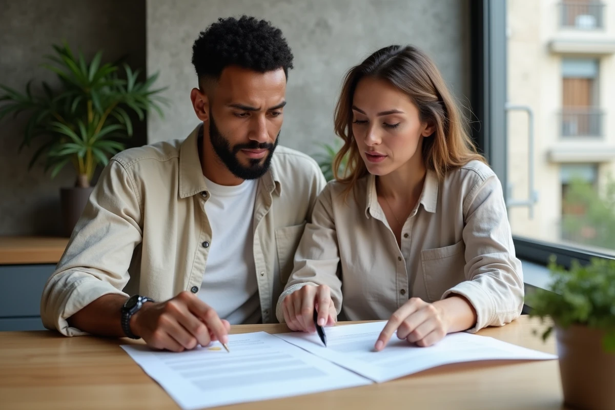 Couple d'acheteurs étudiant un compromis de vente et un pré-état daté dans leur appartement en copropriété