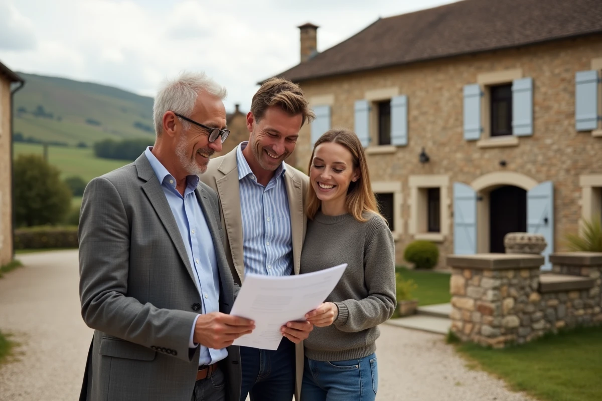 Agent immobilier présentant des aides au logement à un couple de locataires devant une ferme en pierre dans la Creuse