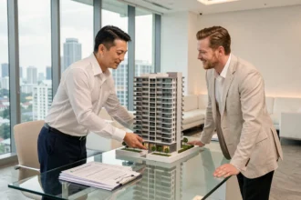 Agent immobilier thaïlandais présentant un modèle de condominium à un acheteur étranger dans un bureau moderne de Bangkok