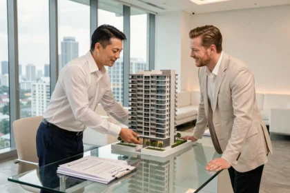 Agent immobilier thaïlandais présentant un modèle de condominium à un acheteur étranger dans un bureau moderne de Bangkok