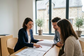 Agent immobilier présentant des plans de projet à un couple dans une agence moderne à Rennes