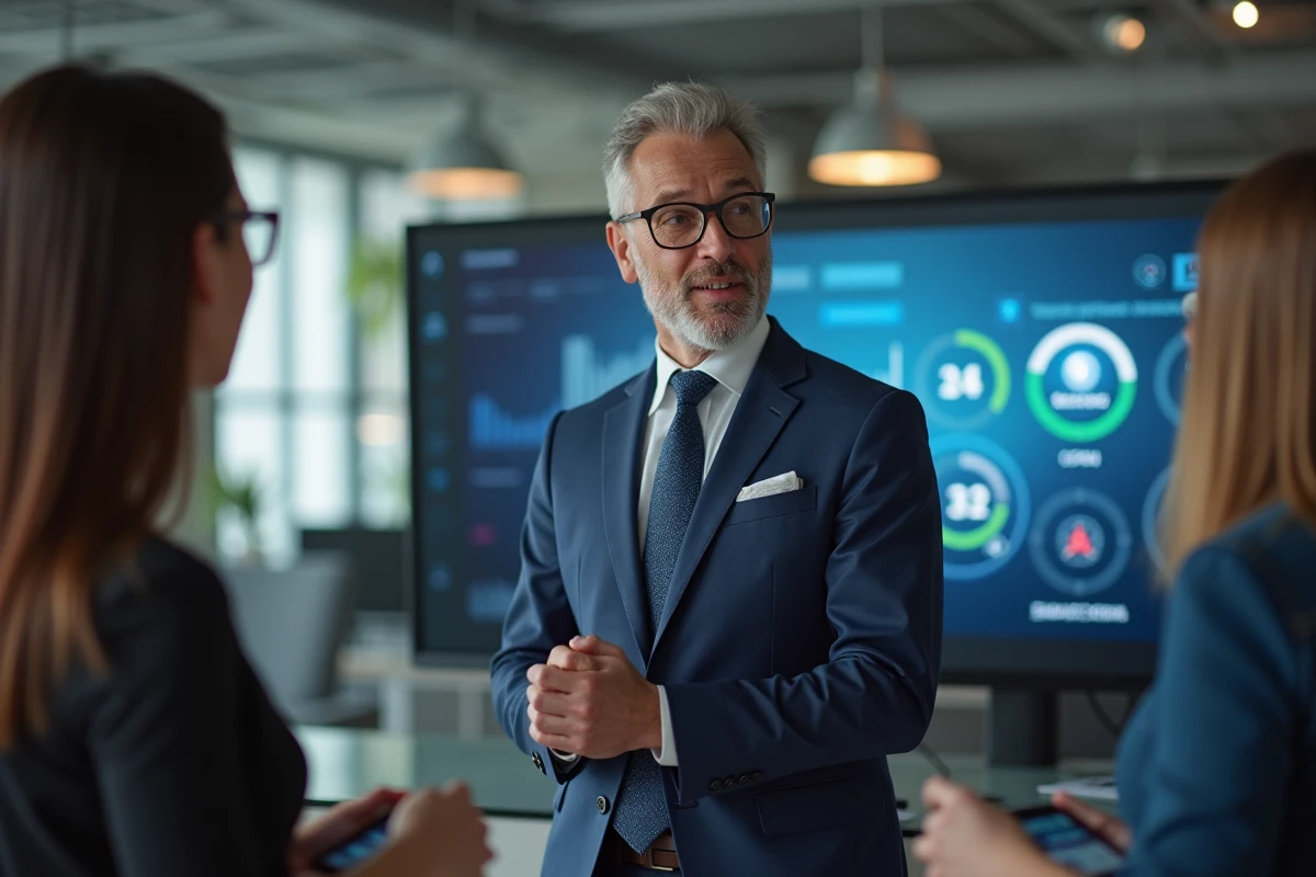 Agent immobilier en réunion avec équipe dans espace collaboratif