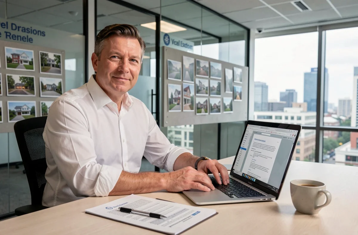 Agent immobilier remplissant un formulaire pré-état daté Word sur ordinateur dans une agence immobilière moderne
