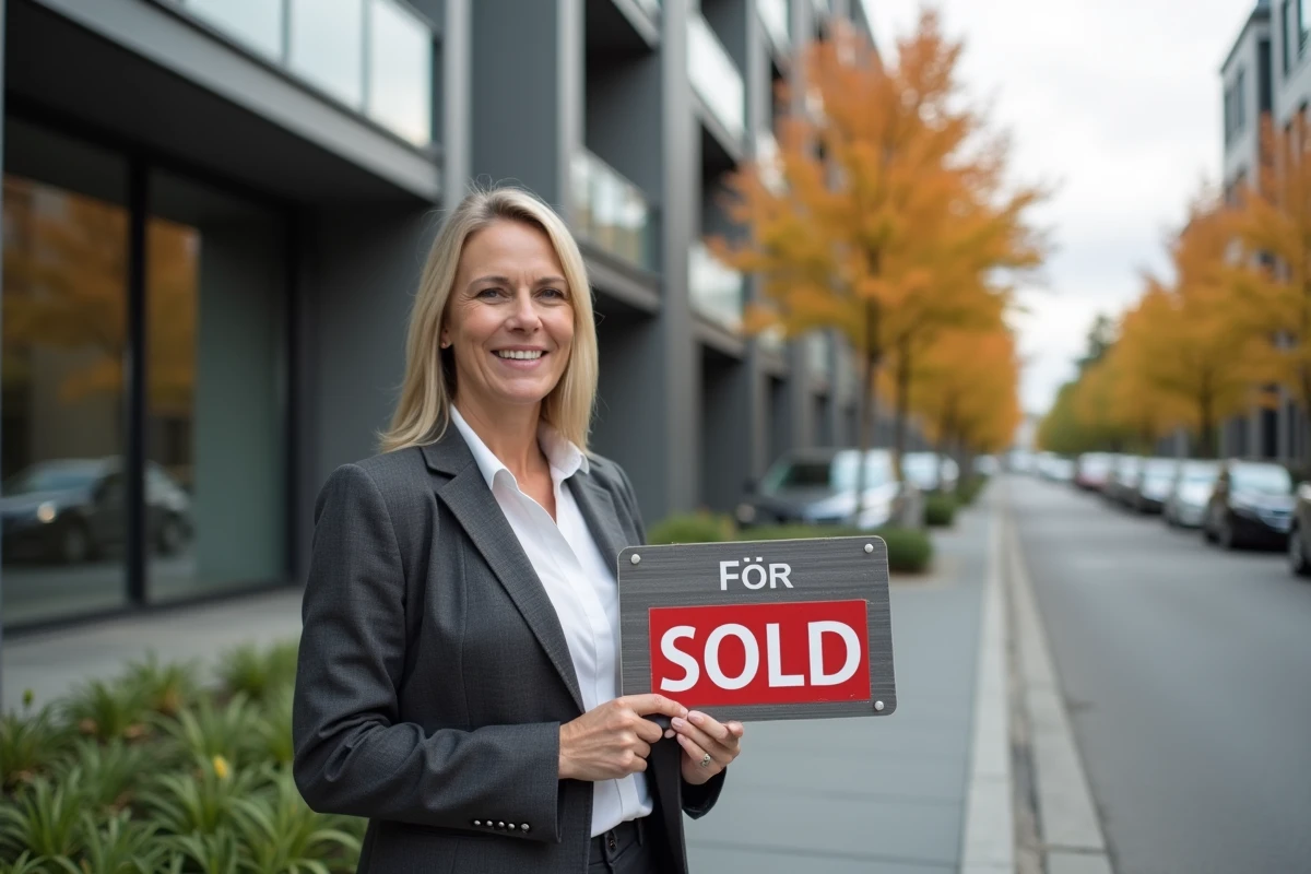 Une femme agent immobilier devant un immeuble résidentiel vendu, illustrant les changements fiscaux liés à la vente immobilière en 2026
