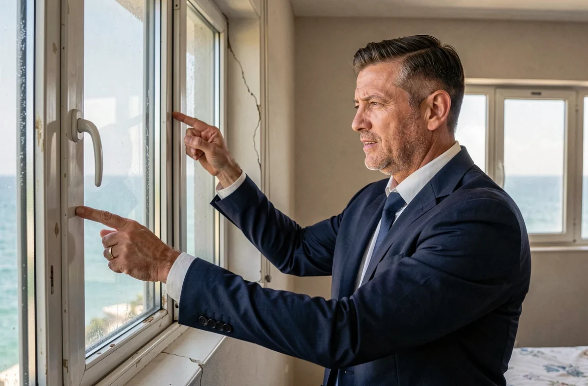 Agent immobilier inspectant les fenêtres et l'état général d'un appartement avec vue sur mer lors d'une visite