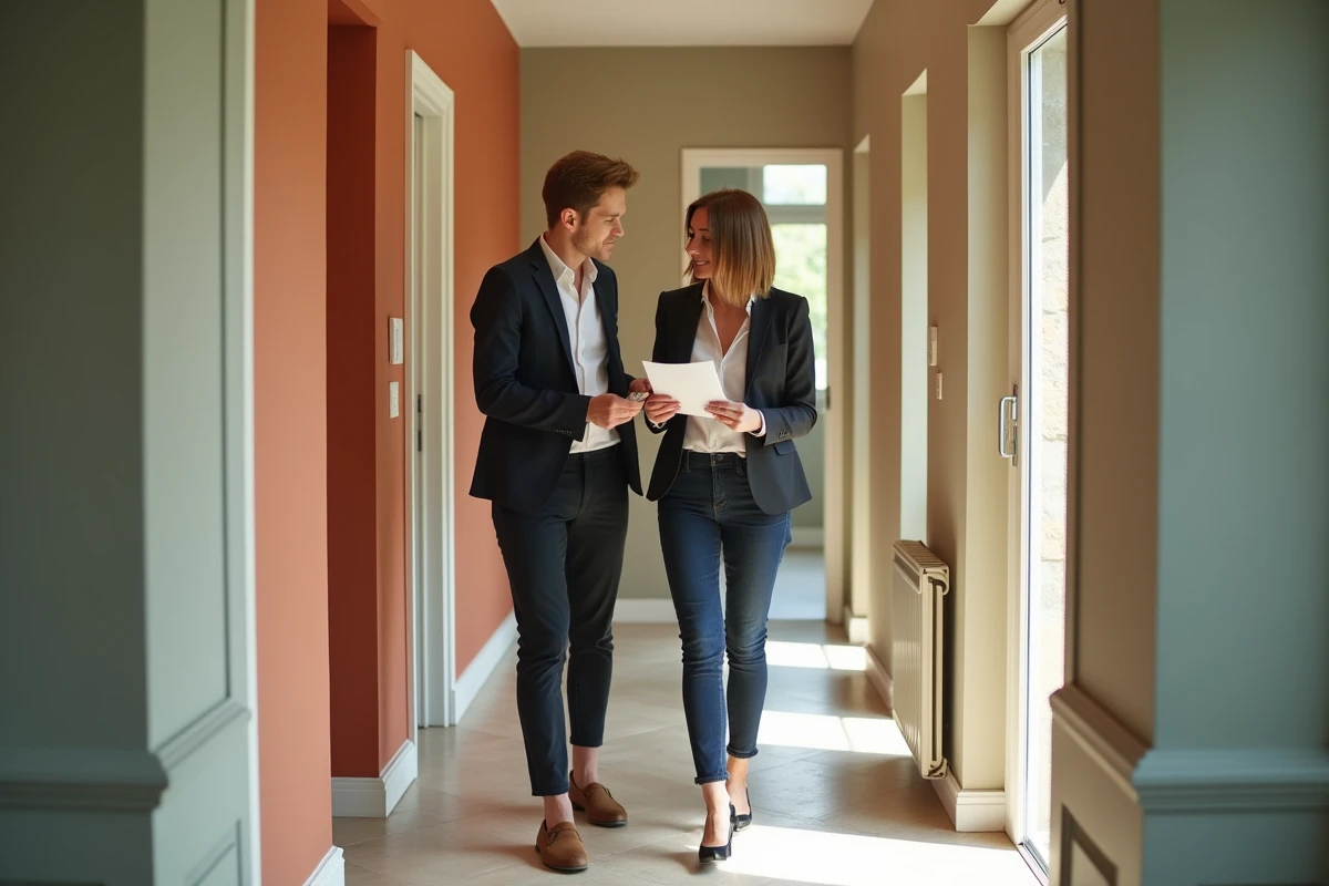 Agent immobilier guidant un couple dans un appartement