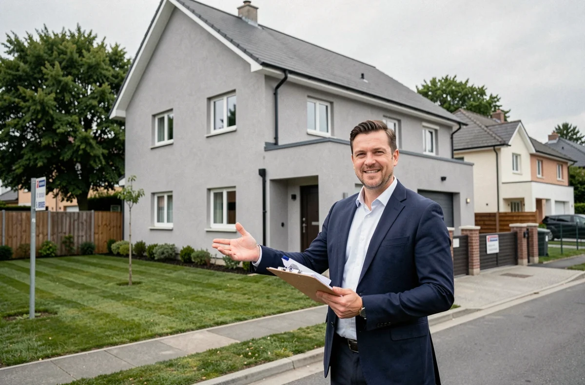 Agent immobilier présentant une maison neuve construite par un promoteur à vendre dans un quartier résidentiel