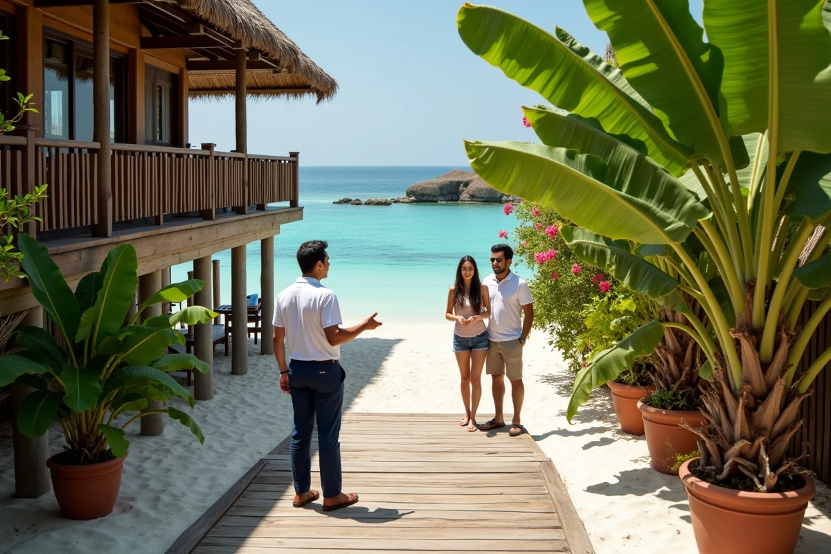 Agent immobilier présentant une maison thaïlandaise sur pilotis avec accès direct à la plage