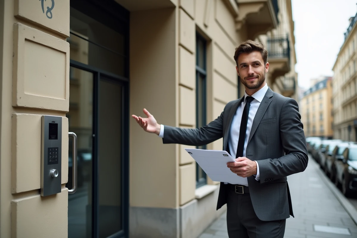 Agent immobilier présentant un pré-état daté devant un immeuble en copropriété à vendre