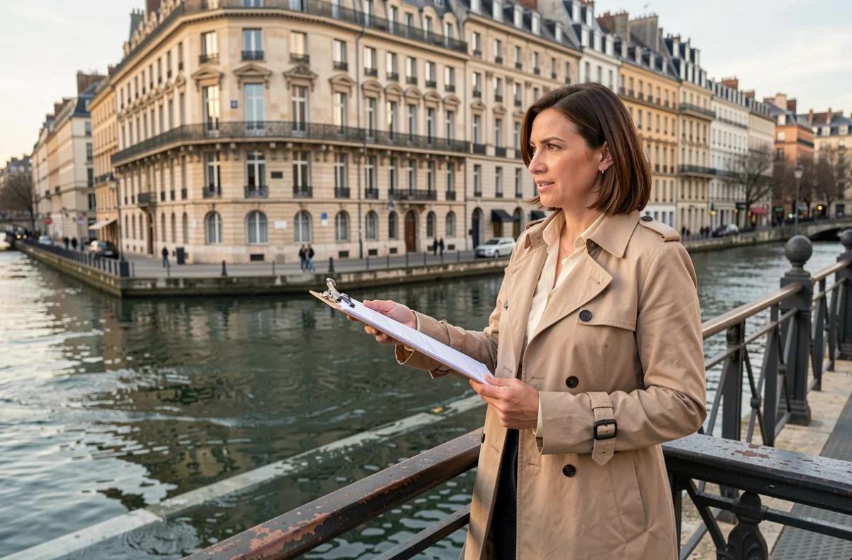 Agent immobilière en repérage de biens sur les quais de Saône à Lyon avec immeubles haussmanniens en arrière-plan