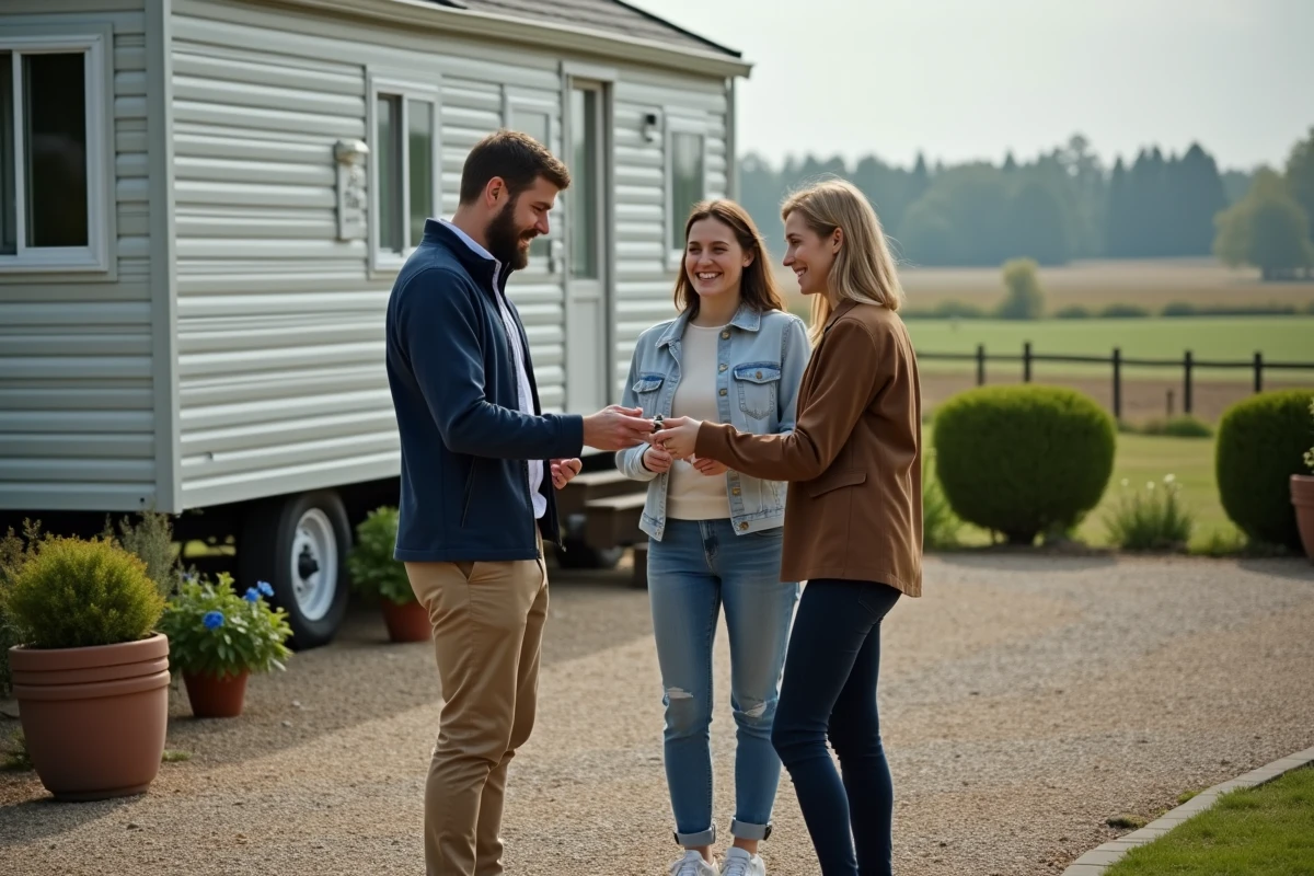 Agent immobilier remettant les clés à un couple devant un mobile home