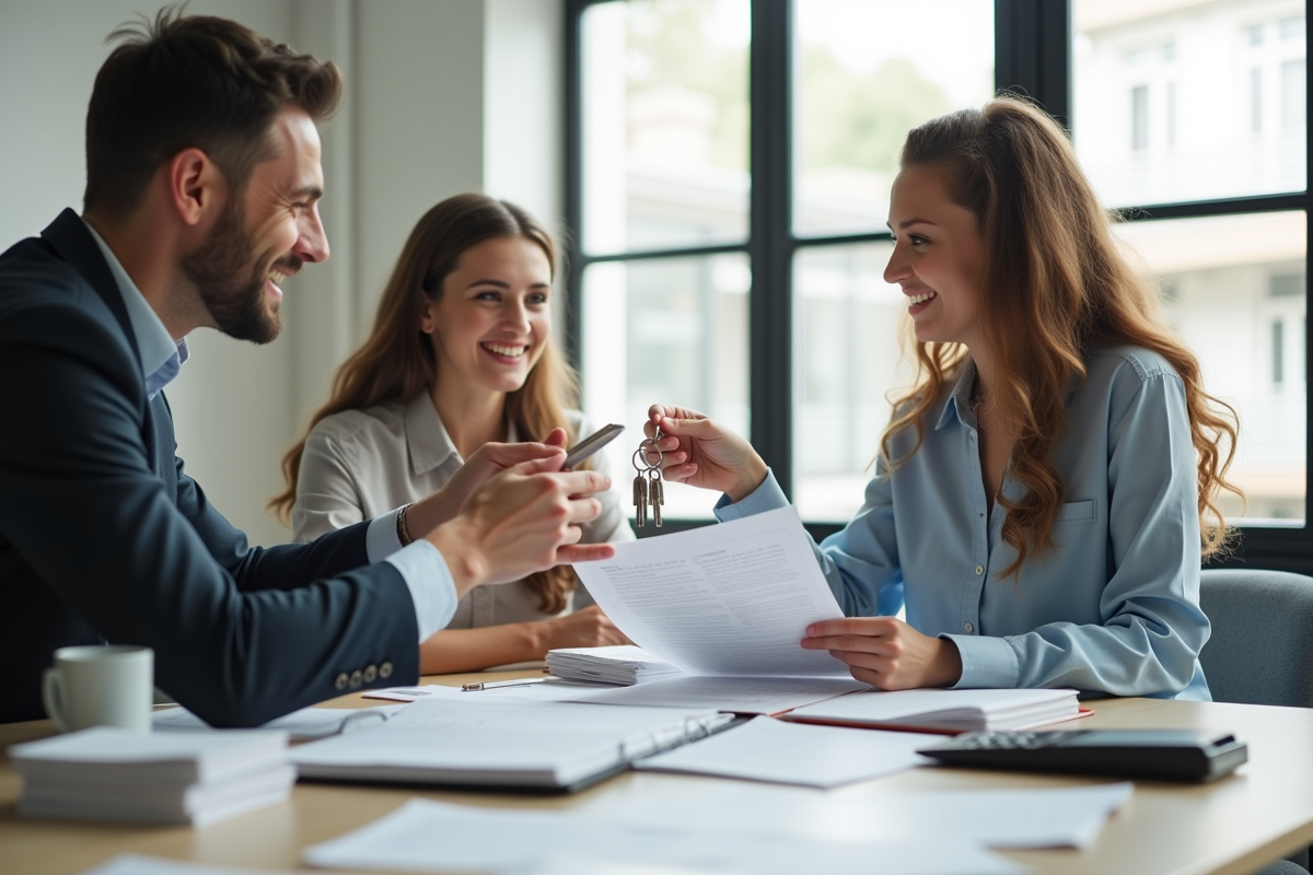 Agent immobilier souriant remettant des clés à un jeune couple