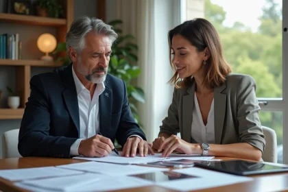 Agent immobilier et homme d'affaires en réunion dans un bureau moderne