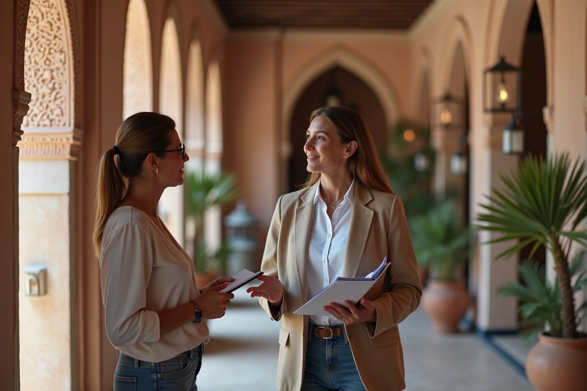 Agent immobilier présentant un riad à vendre à Marrakech à des acquéreurs étrangers envisageant un projet de maison d'hôtes