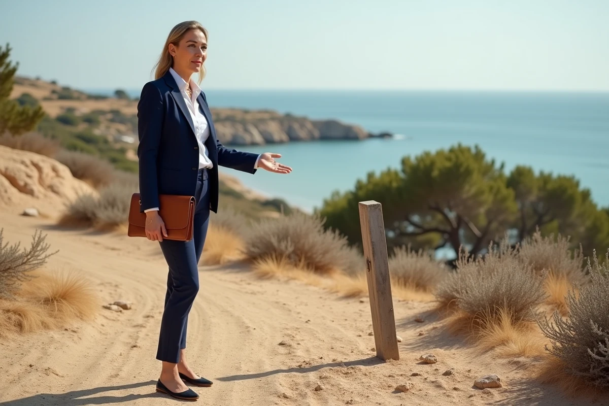 Agent immobilier présentant un terrain constructible en bord de mer avec vue sur la Méditerranée