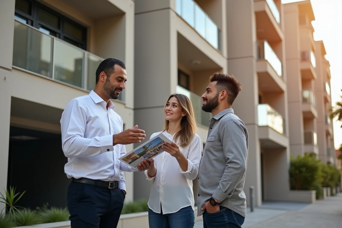 Agent immobilier présentant un appartement à vendre à Guéliz devant un immeuble moderne avec entrée de parking