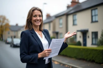 Agente immobilière tenant un rapport d'évaluation devant une maison résidentielle moderne lors d'une estimation locale