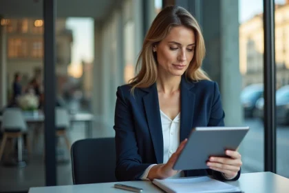 Agente immobilière indépendante de l'agence Terhexagone-immo.fr à Lyon consultant des annonces sur tablette avec vue sur la ville