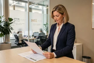 Agente immobilière Orpi examinant des documents de mandat dans une agence parisienne moderne