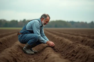 Agriculteur examinant la texture du sol dans un grand champ cultivé représentant 100 ares de surface agricole