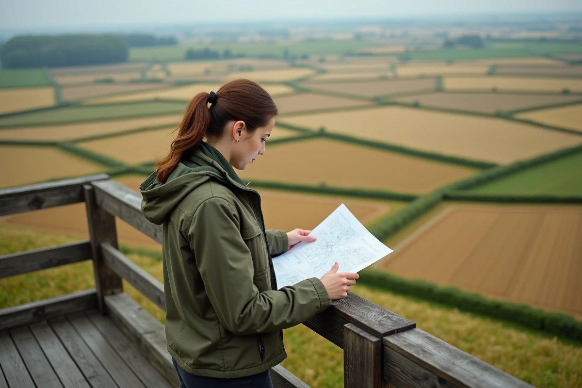 Femme agronome consultant un plan parcellaire sur une terrasse avec vue sur des champs agricoles de 100 ares