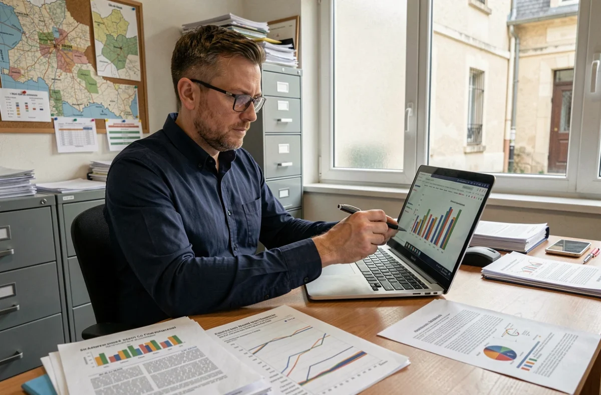 Analyste consultant des statistiques de délinquance sur ordinateur dans un bureau municipal, avec cartes et graphiques de données urbaines