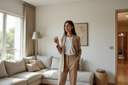 Femme tenant des clés dans un appartement moderne à Guéliz, Marrakech, avec parquet clair et vue sur boulevard urbain
