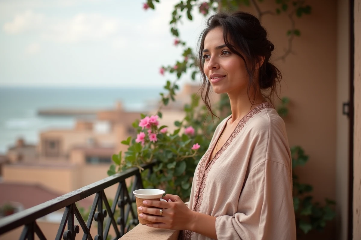 Femme sur balcon d'appartement en location longue durée à Essaouira avec vue sur l'océan Atlantique