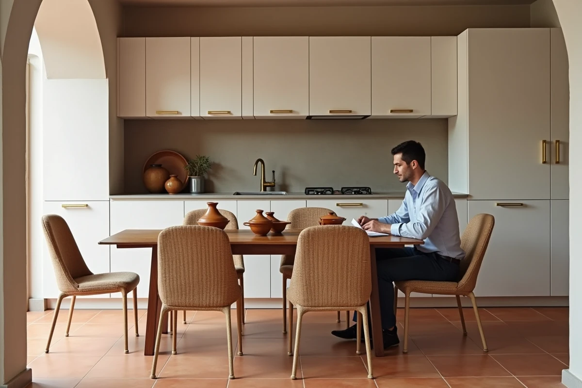 Cuisine et salle à manger d'un appartement à vendre en résidence de standing à Marrakech avec finitions haut de gamme