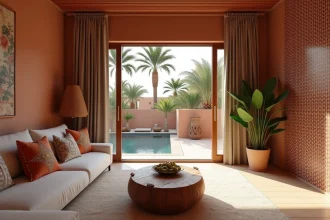 Salon moderne d'un appartement de standing à vendre à Marrakech avec décoration marocaine contemporaine et vue sur résidence