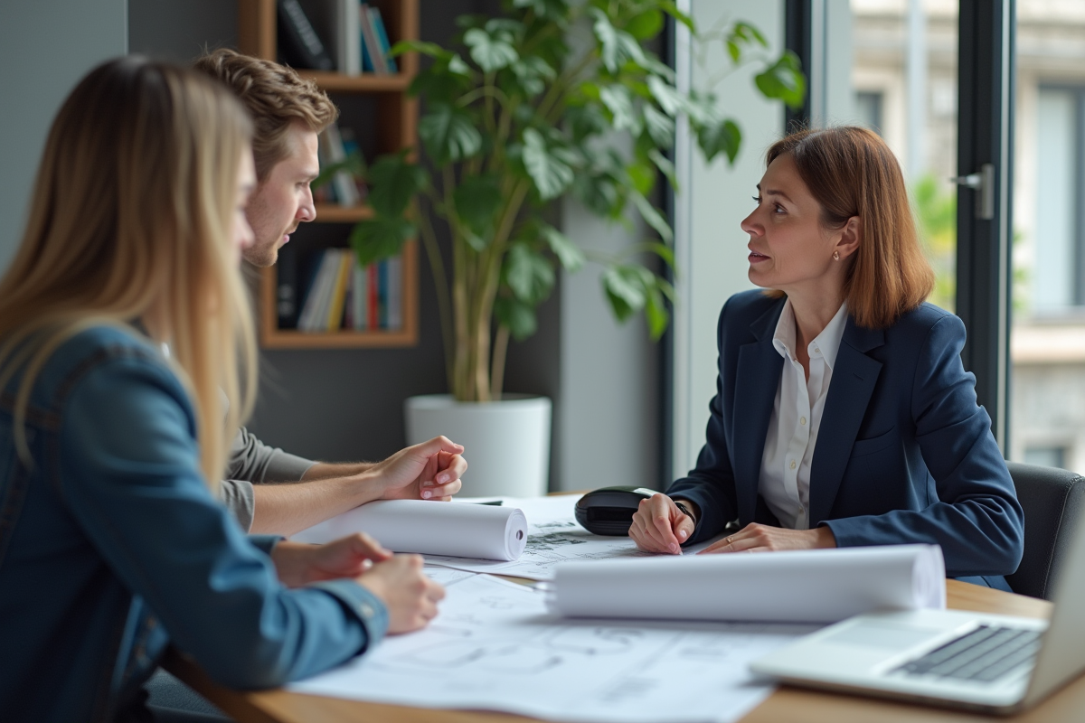 Architecte en discussion avec un couple dans un bureau moderne