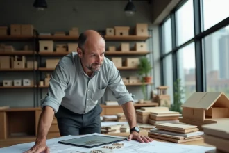 Architecte masculin étudiant des plans de maison à ossature bois dans un bureau professionnel moderne