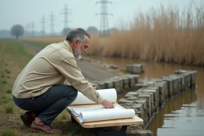 Architecte examinant des plans de construction au bord d'une zone inondable avec une fondation en béton partiellement submergée
