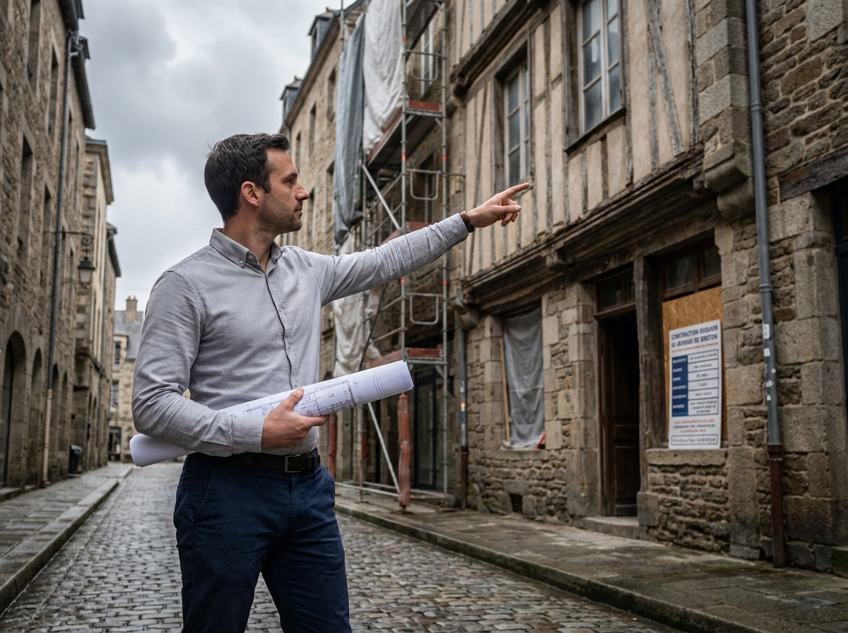 Architecte tenant des plans devant un immeuble en rénovation dans une rue de Rennes