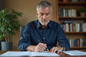 Homme d'âge mûr examinant des documents d'assurance immobilière après un problème de santé dans un bureau à domicile