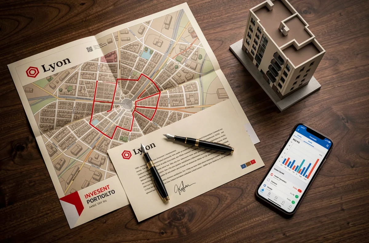 Vue aérienne d'un bureau avec carte d'investissement immobilier de Lyon, contrat signé, brochure et maquette d'immeuble