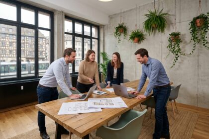 Équipe de collègues collaborant dans un bureau moderne à Strasbourg avec vue sur l'architecture alsacienne