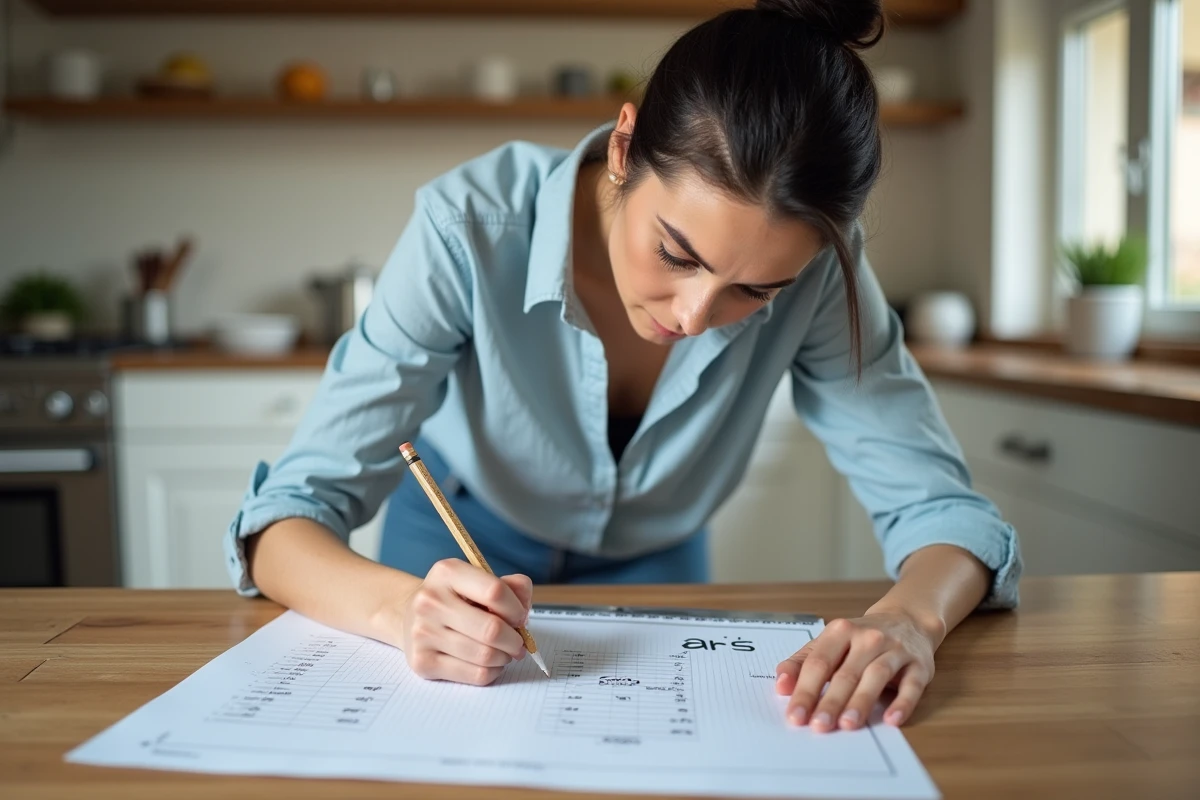 Femme calculant la conversion de 15 ares en mètres carrés sur du papier quadrillé