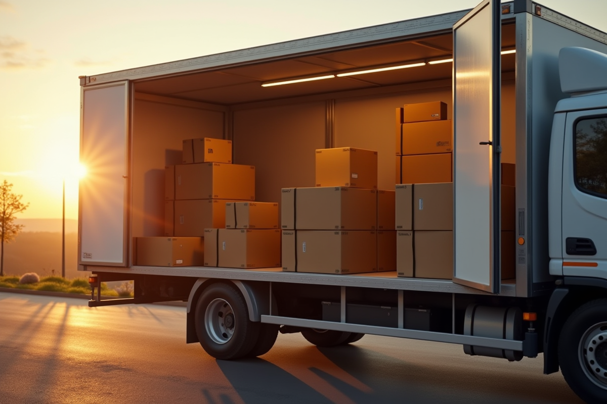 Camion de déménagement ouvert avec meubles et cartons à l