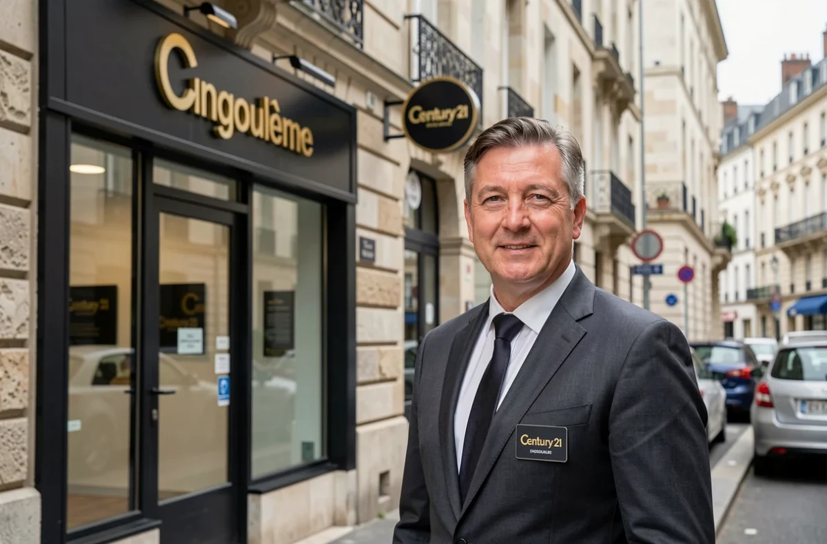 Agent Century 21 devant la façade de l'agence à Angoulême avec la signalétique dorée et noire reconnaissable