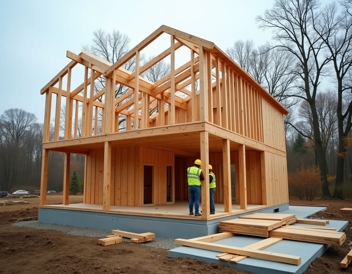 Chantier de construction d'une maison à ossature bois avec charpente en bois lamellé collé visible
