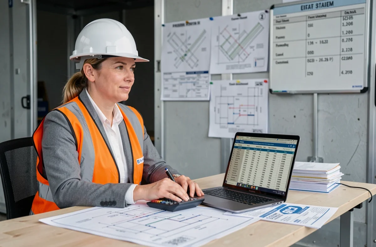Cheffe de projet sur un chantier électrique analysant les indices de révision de prix BT47 sur ordinateur portable