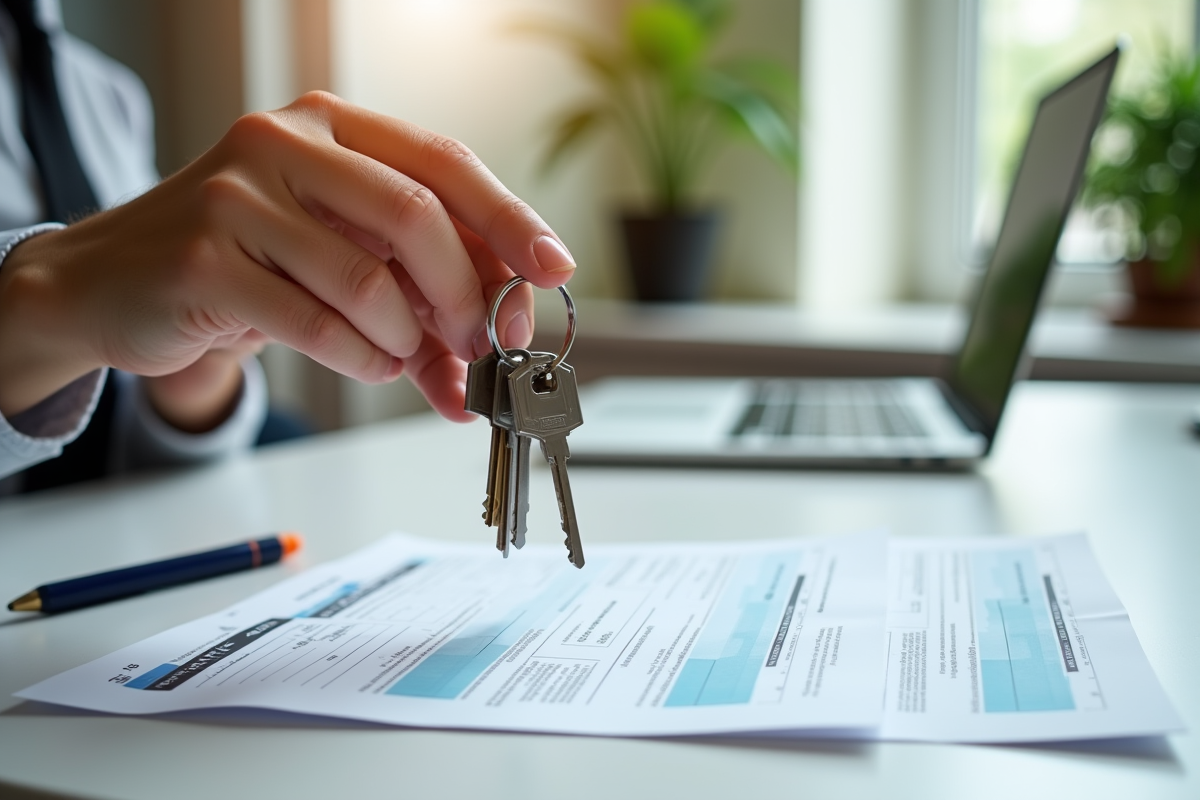 Mains tenant des clés d appartement avec formulaires fiscaux sur un bureau lumineux