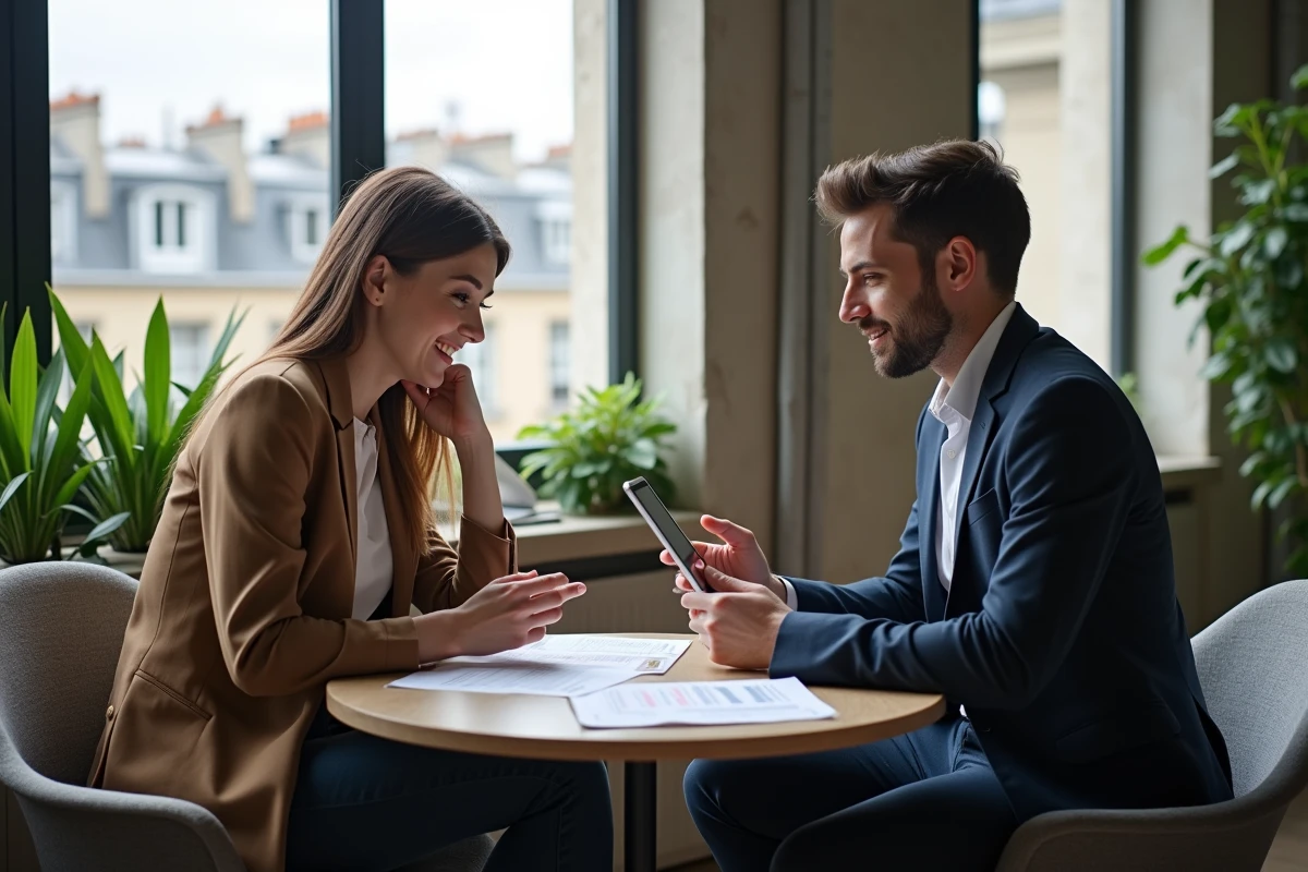 Deux collègues analysant des annonces immobilières locales dans un espace de coworking parisien moderne