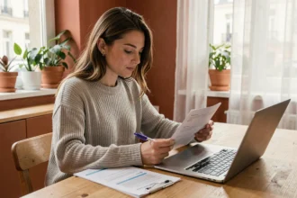 Jeune femme comparant des offres d'assurance habitation MAE à son bureau dans un appartement moderne