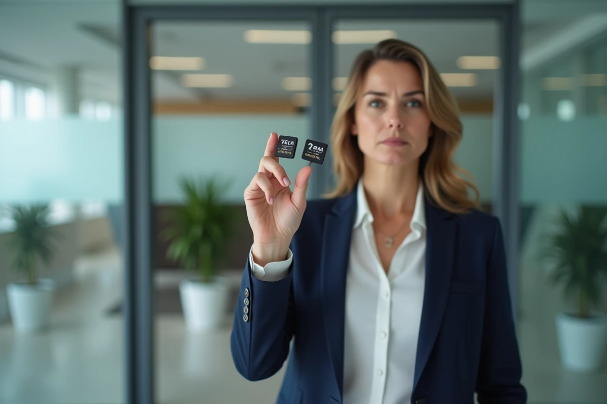 Femme comparant deux badges d'accès pour détecter une copie non autorisée dans un environnement professionnel