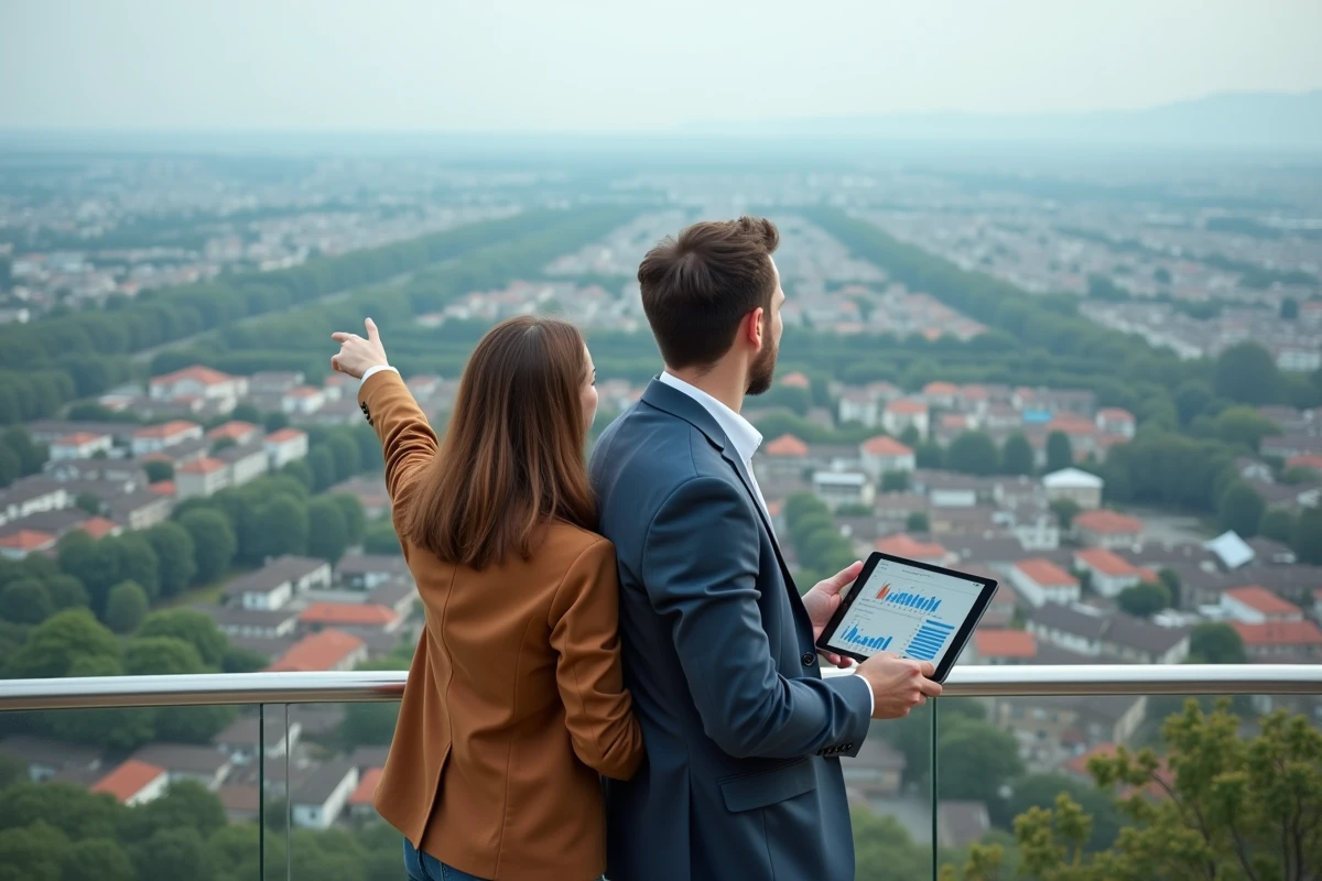Couple de professionnels comparant les prix fonciers en observant deux quartiers aux valeurs immobilières contrastées depuis un belvédère