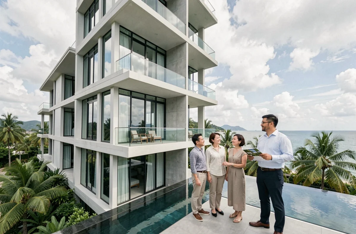 Investisseurs étrangers et couple thaïlandais examinant un condominium de luxe en bord de mer à Phuket